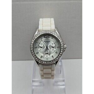 Fossil Riley Womens 40mm Watch White Silicone Glitz Bezel Quartz New Battery WR